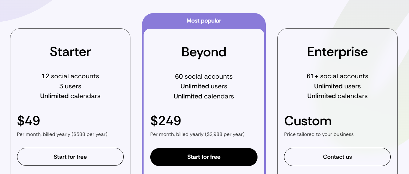 Loomly pricing: Starter $49 and Beyond $249 per month billed yearly, plus Enterprise
