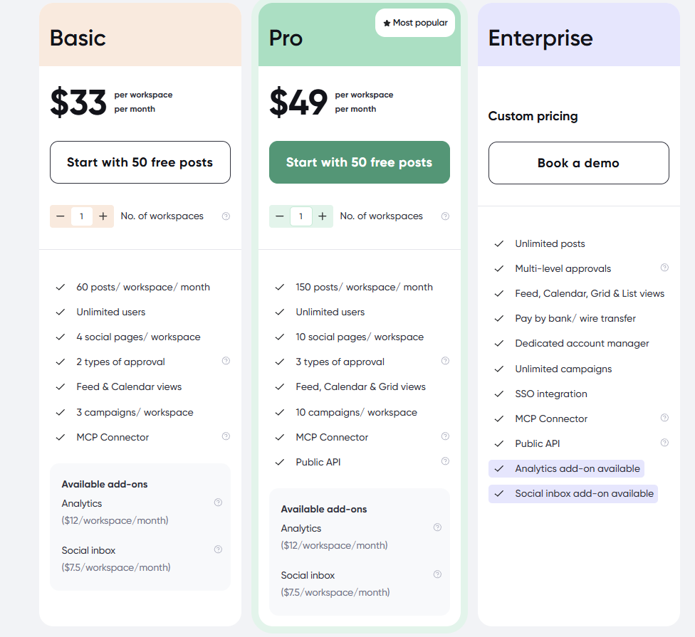 Planable pricing: Basic $33 and Pro $49 per workspace per month with 50 free posts, plus Enterprise, and the $12 analytics and $7.50 social inbox add-ons