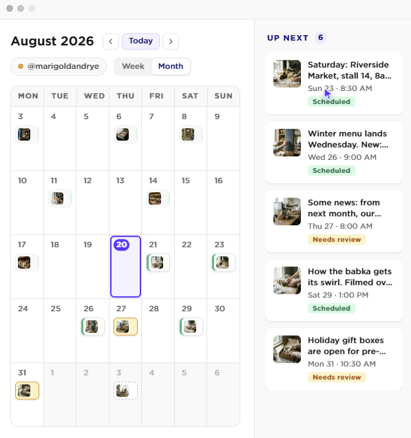 Sked Social month calendar for an Instagram account with the Up Next queue of scheduled posts