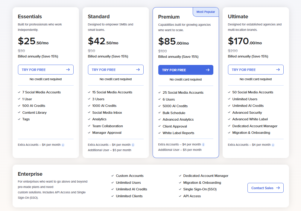 SocialPilot pricing: Essentials $25.50, Standard $42.50, Premium $85, and Ultimate $170 per month billed annually, plus Enterprise