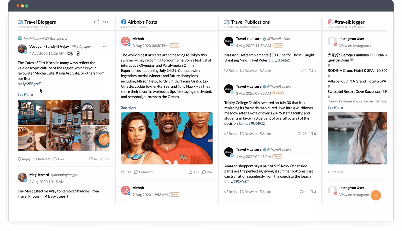 Zoho Social monitoring dashboard with Instagram hashtag, mention, and keyword columns
