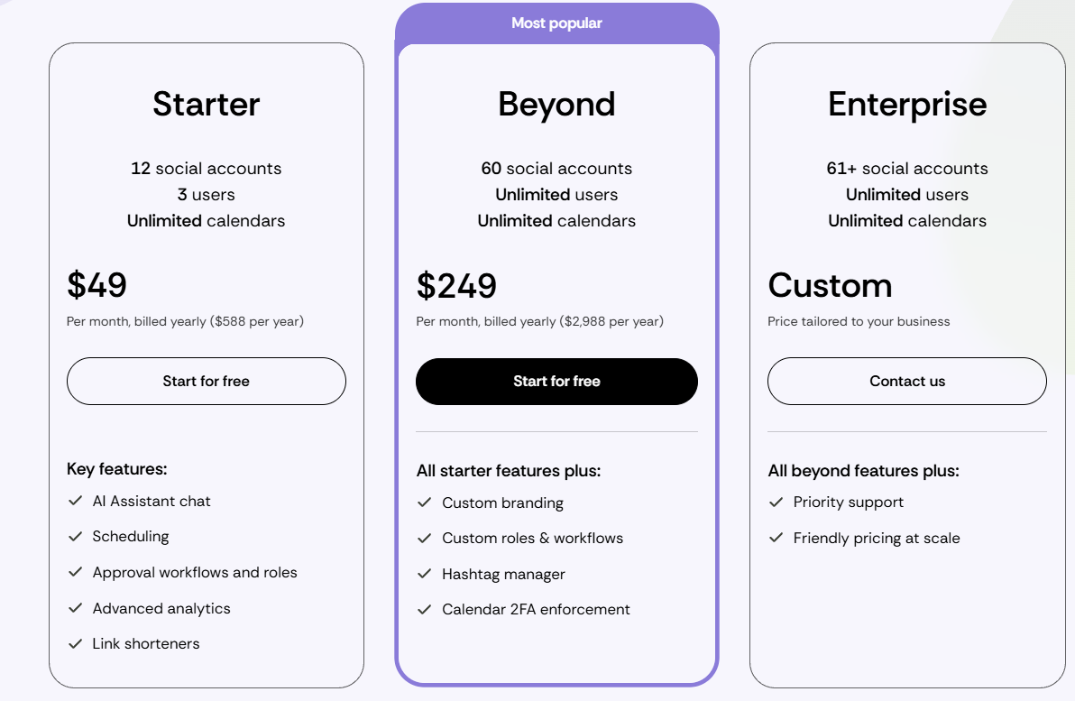 Loomly pricing: Starter $49 and Beyond $249 per month billed yearly, plus Enterprise