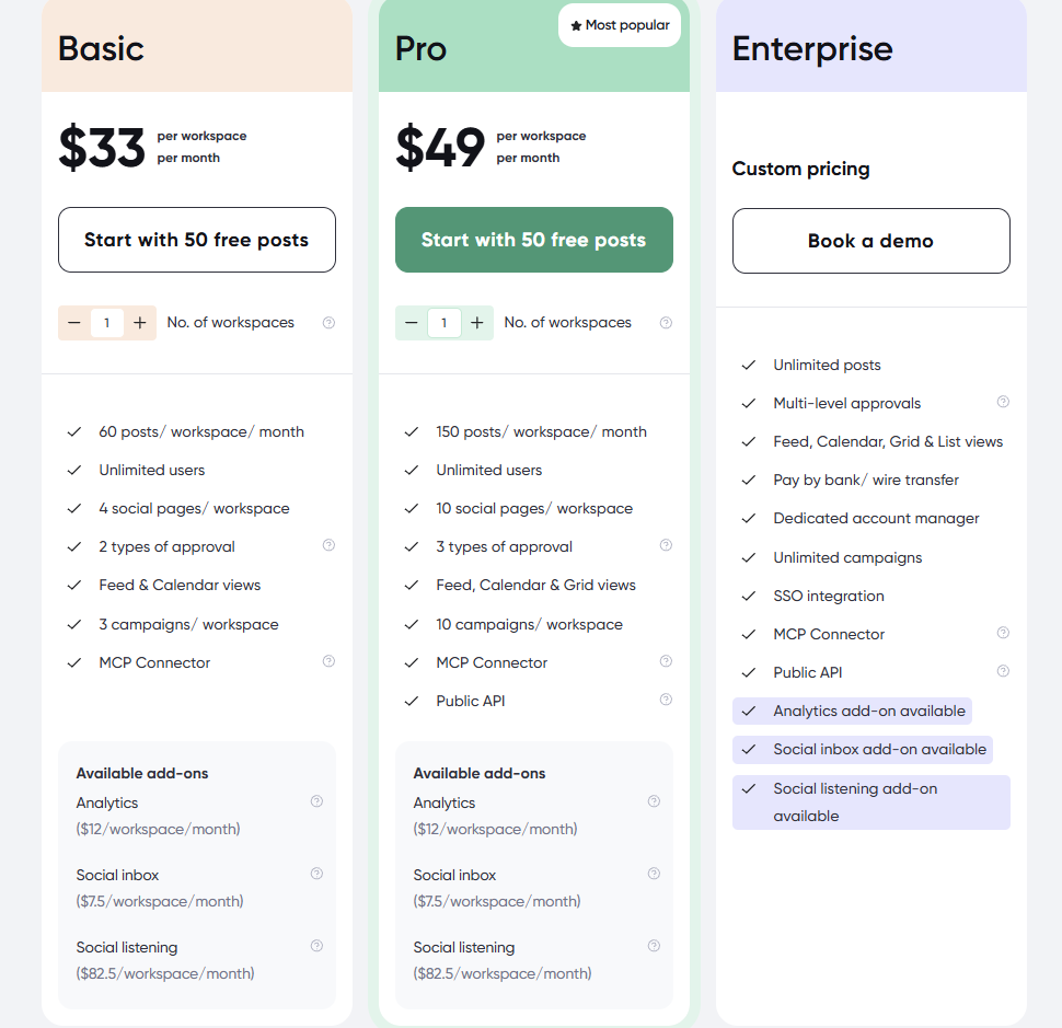 Planable pricing: Basic $33 and Pro $49 per workspace per month, plus Enterprise, with analytics, inbox, and listening add-ons
