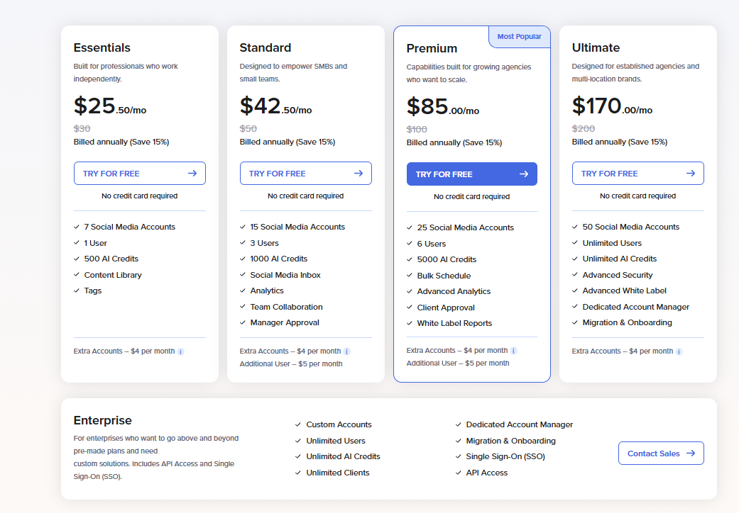 SocialPilot pricing: Essentials $25.50, Standard $42.50, Premium $85, and Ultimate $170 per month billed annually