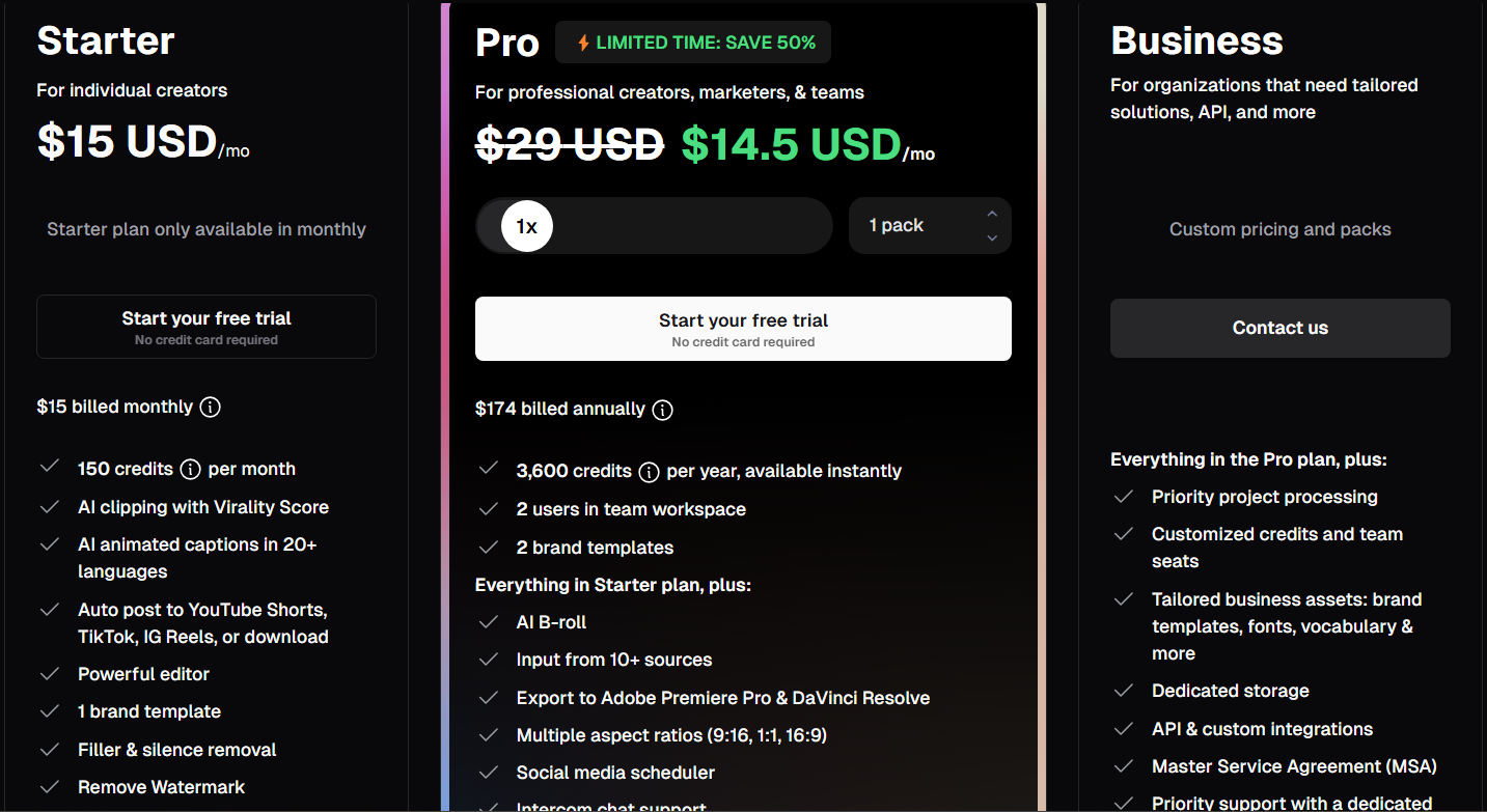 OpusClip Pricing