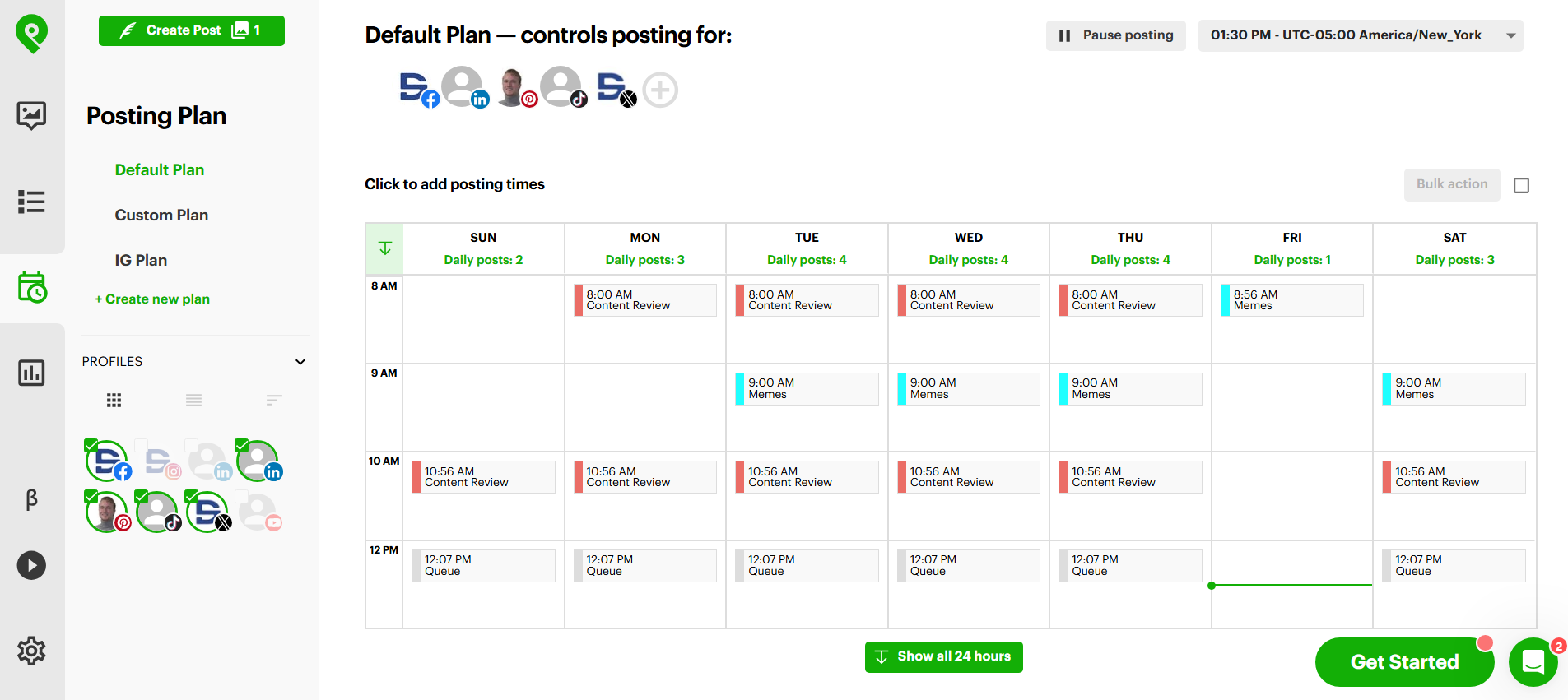 Click on your Posting Plan and edit the days, times, and content types for each scheduling slot.
