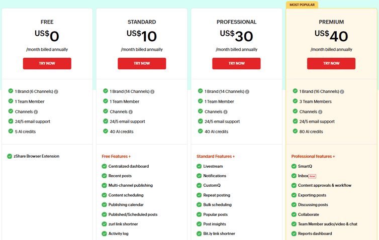 Zoho Social pricing: Free $0, Standard $10, Professional $30, and Premium $40 per month billed annually