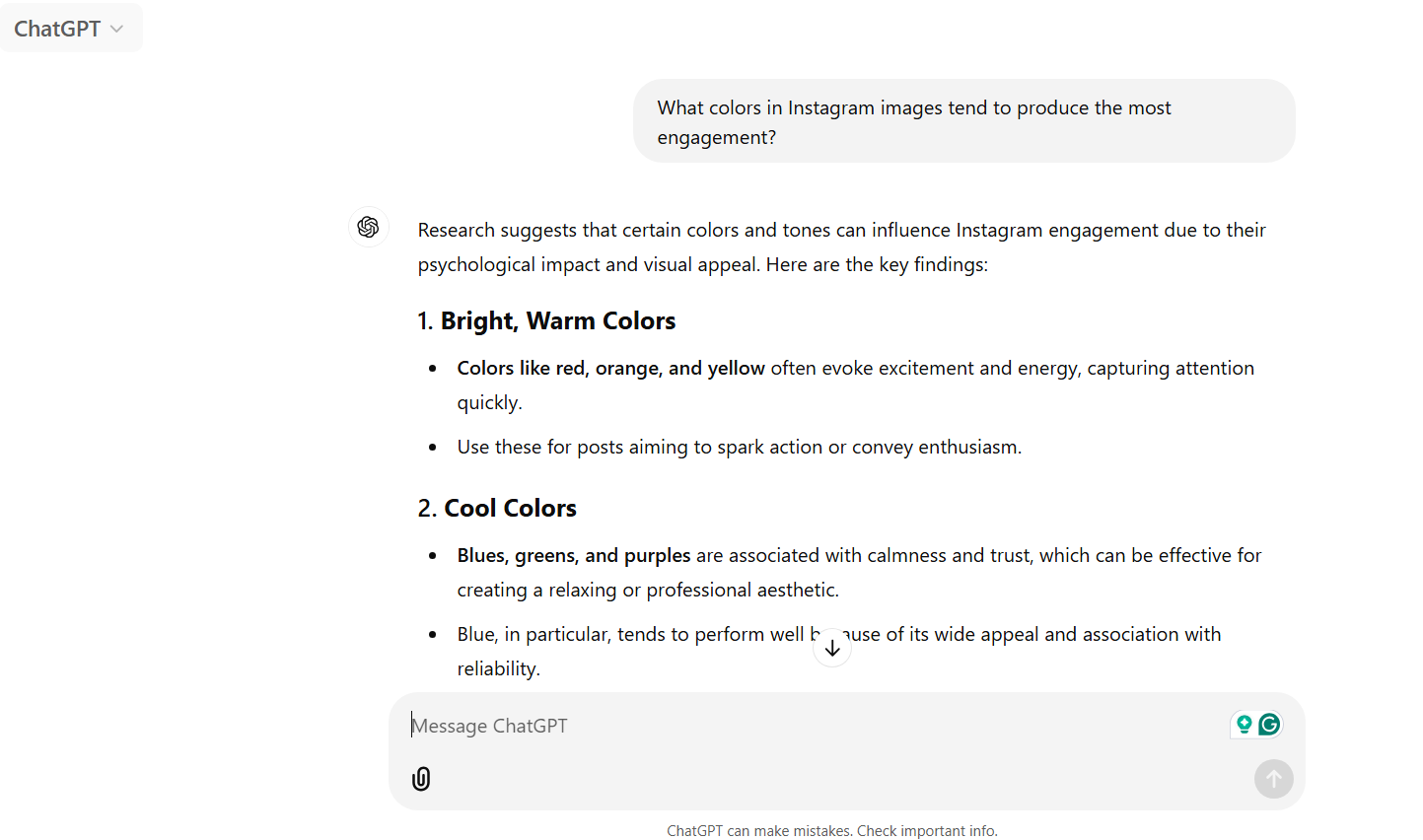 ChatGPT answering which colors in Instagram photos tend to get the most engagement