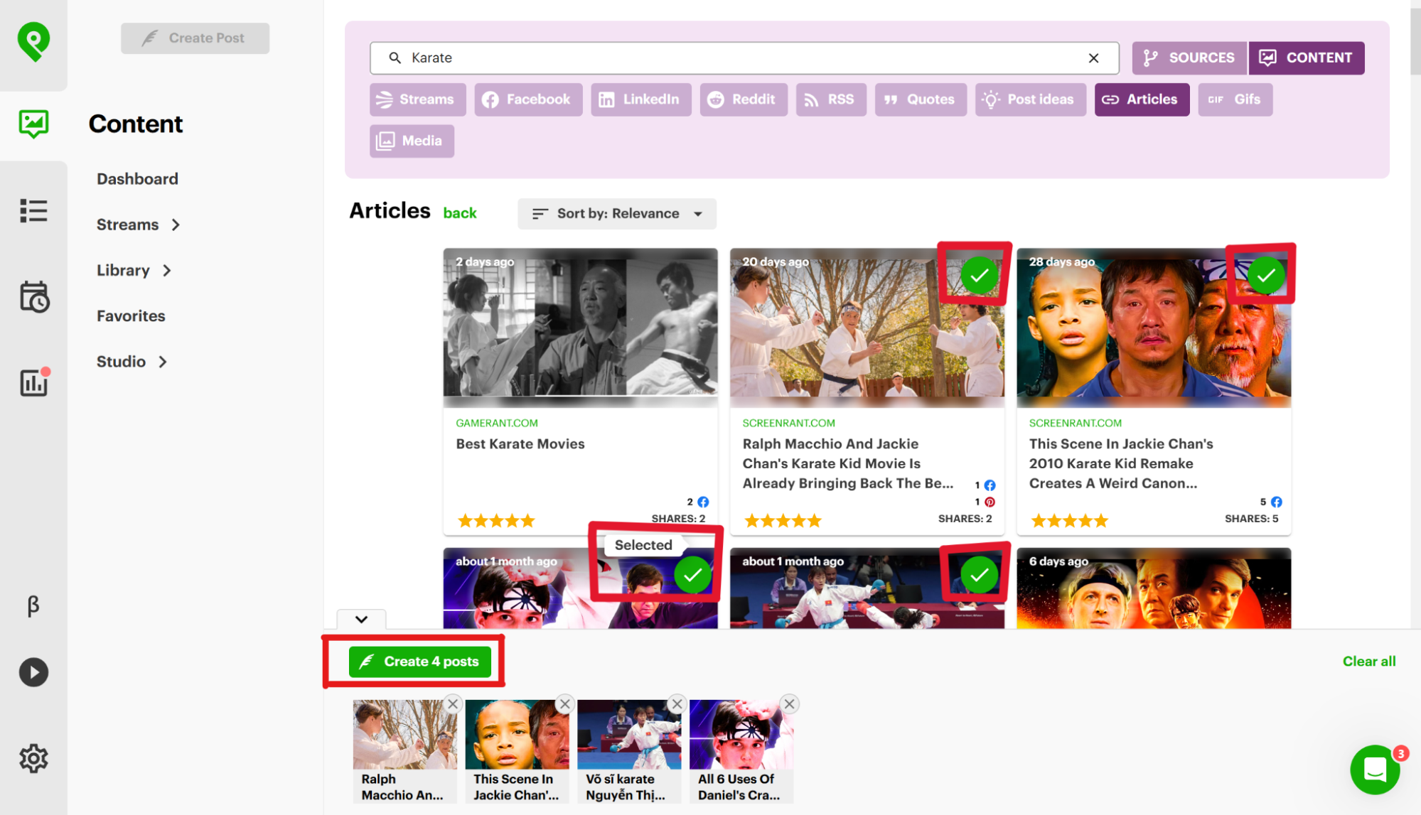 Post Planner Content tab: selecting posts from a Content Stream and clicking Create posts