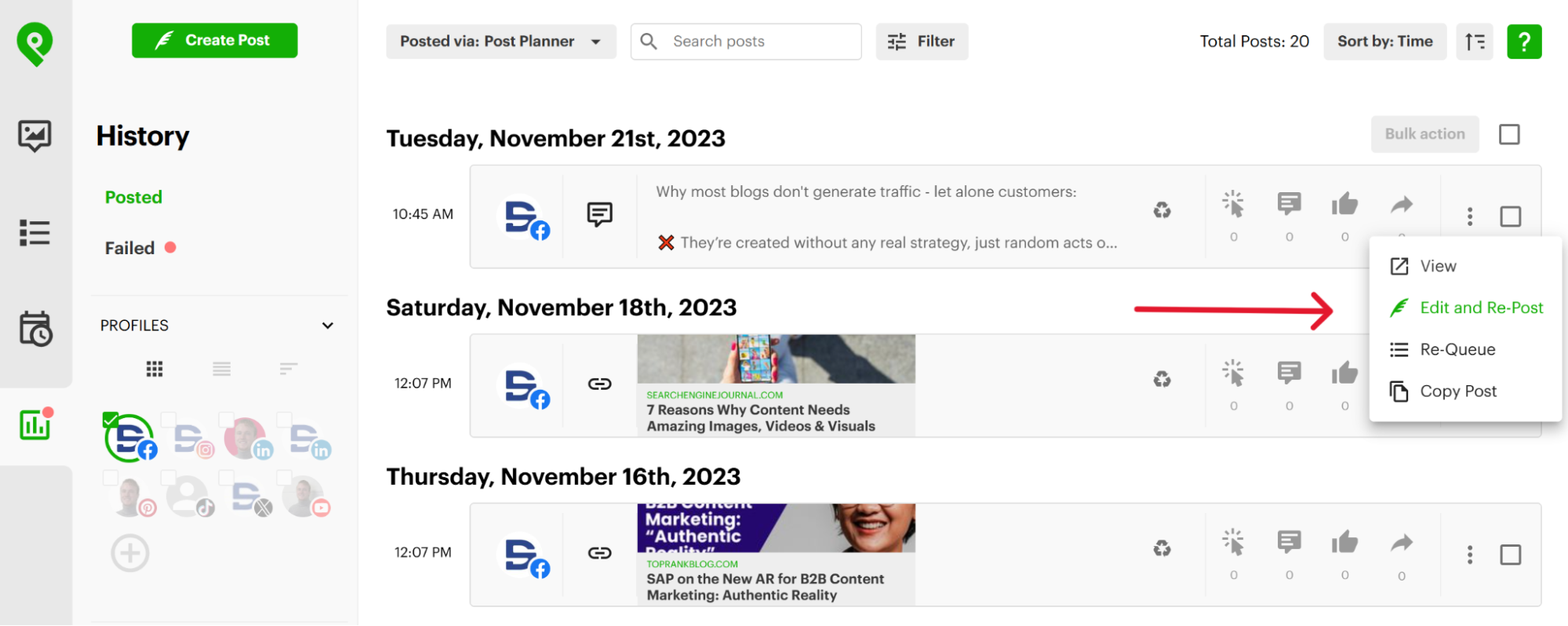 Post Planner History tab showing past post performance
