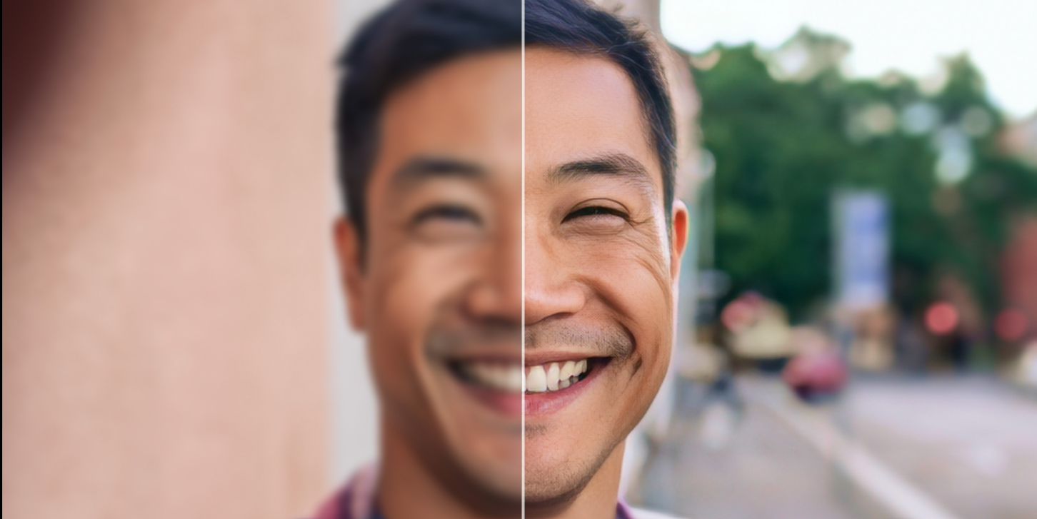 Remini before and after: a blurry portrait sharpened by AI