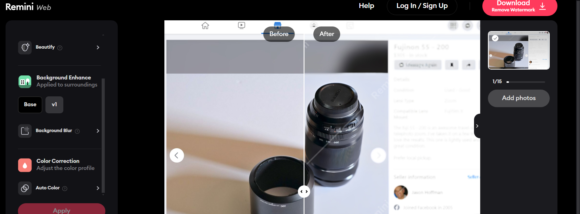 Remini web editing toolbar with background enhance, background blur and color correction